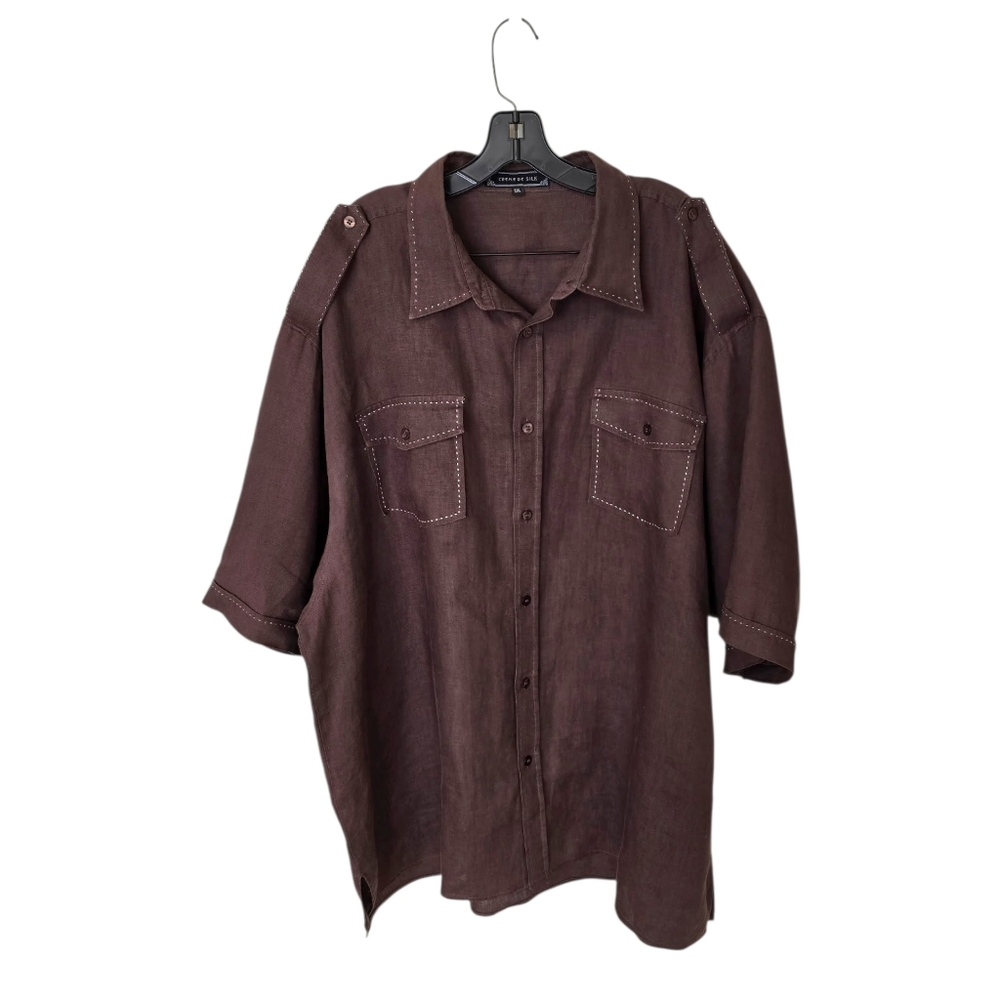 Creme‎ De Silk Brown 100% Linen Button Up Men's 5XL Resortwear